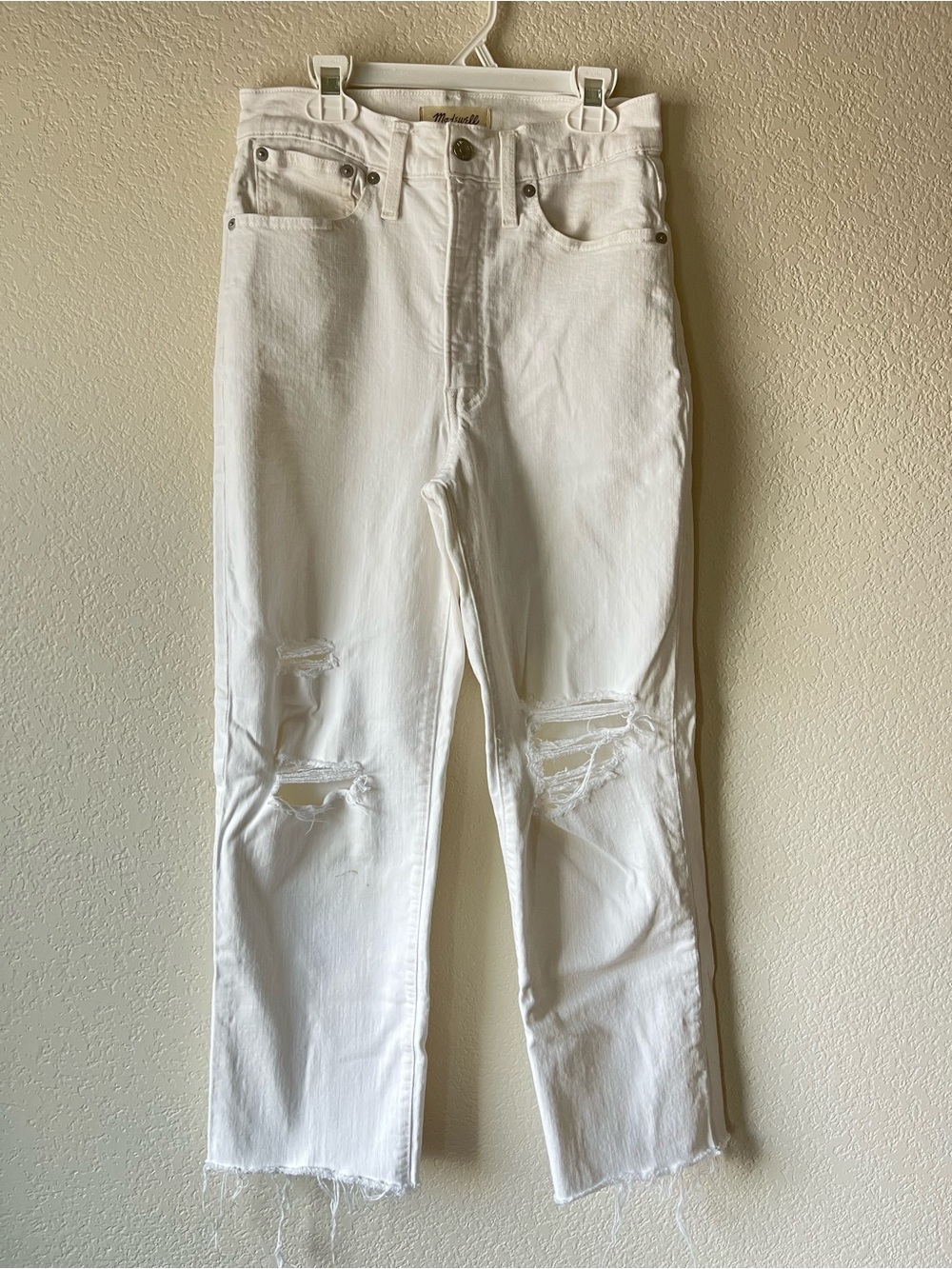 Madewell Perfect Vintage Straight White Distressed Raw Hem High Waisted Jeans